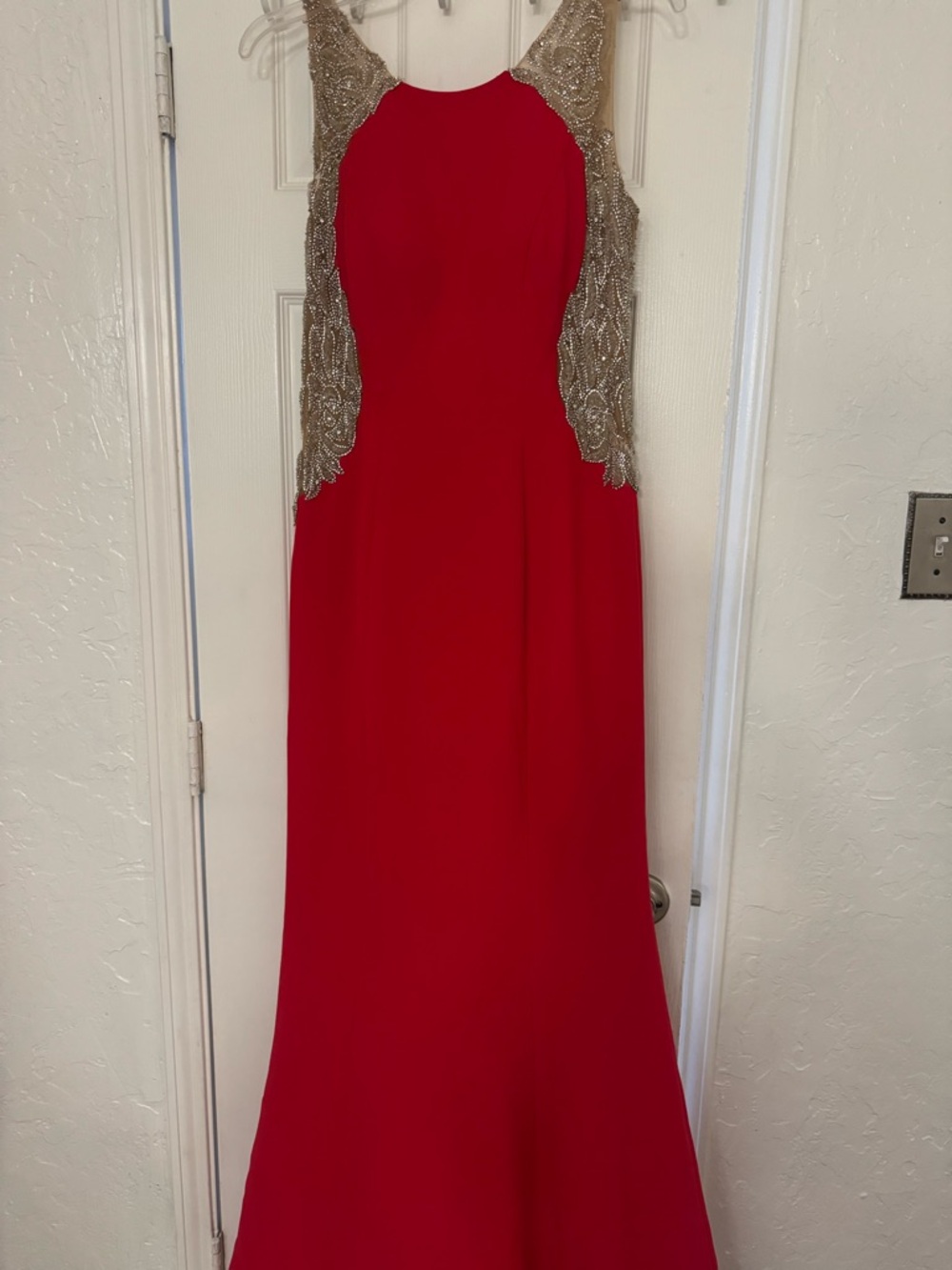 Red Evening Gown with Gold Beaded Side Panels